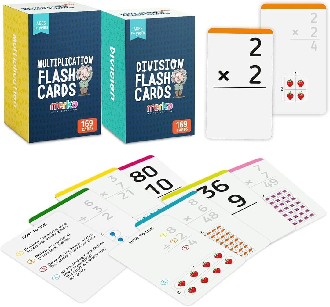 merka Math Flash Cards, 338 Flashcards in Total, Multiplication and Division, Learning Mathematics, Create Game for Kids, Classroom and Homeschool Toys, 1st to 4th Graders, 2 Sets with 169 Pcs Each (2 Sets (169 Pcs Each))