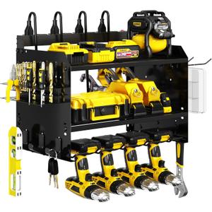 Wide Power Tool Organizer Wall Mount with Charging Station,3 Layer Adjustable Heavy Duty Tool Storage Rack with 8 Outlet Power Strip for Drill,Cordless Tools,Suitable Utility Rack for Garage,Black