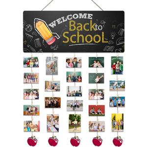 Back To School Decoration - 13'' x 5.5'' Pencil Welcome Wooden Sign With 5 Hanging Apples - Photo Hanging Display Picture Board with 30 Clips - Wall Art Classroom Wall Plaque Decor & Supplies - A05