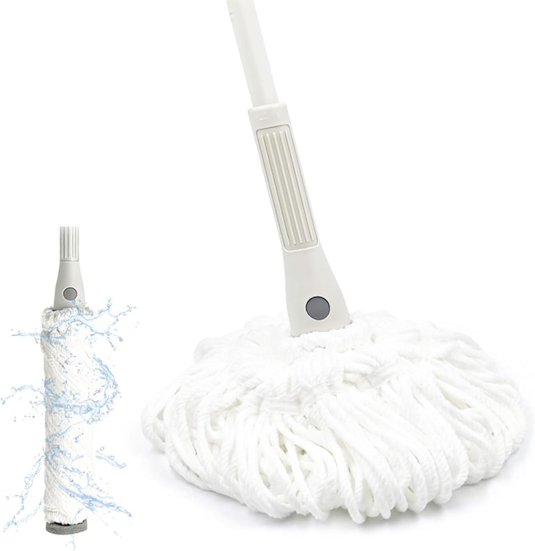 Self Wringing Mop for Floor Cleaning with 2 Reusable Heads, Easy Wringing Twist Mop with 51 Inches Long Handle and Top Scouring Pad, Wet and Dry Mops