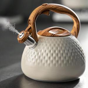 Tea Kettle, 2.7 Quart with Wood Pattern Handle Loud Whistle Food Grade Stainless Steel Teapot, Anti-Hot Handle and Anti-Rust, Suitable for All Heat Sources (Cream white)
