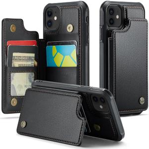 Compatible with iPhone 12/12 Pro Wallet Case with Card Holder RFID Blocking for Women Men, Double Magnetic Clasp Kickstand Shockproof Phone Case Fit for iPhone 12/12 Pro, Black