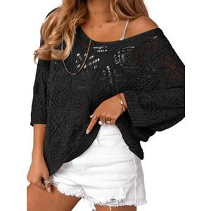 Saodimallsu Womens Crochet Cover Up Top Summer 3/4 Sleeve Off Shoulder Sweater Shirts Mesh Boho Beach Swimsuit Coverup M