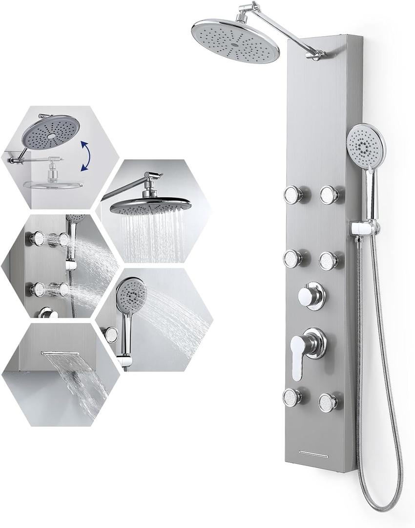 ROVATE Rainfall Shower Panel Tower System with Tub Spout, 6 Adjsutable Body Massage Jets, Flexible 5 Functions Handheld, Stainless Steel High Pressure Shower Column with Brass Valve Body