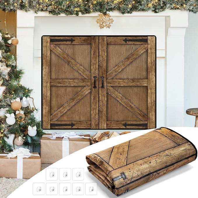Maasechs Fireplace Draft Cover for Winter Indoor Fireplace Blanket for Heat Loss Rustic Wooden Door Pattern Draft Stopper with Hook for Inside Insulated(Brown,39 x 32 Inch)