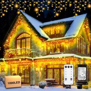 1000 LED Icicle Lights Outdoor, Plug in 98ft Waterproof Christmas String Lights, 8 Modes 4 Adjust Brightness, Remote & Timer, Indoor & Outside Decoration for Party, Wedding, Garden, Window, Wall