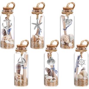 Qunclay 6 Pcs Coastal Summer Beach Ornaments Nautical Glass Message Bottle Christmas Ocean Sand Jar Hanging Ornaments Decorations with Seashell for Home Xmas Tree Wedding Baby Shower Party Favors