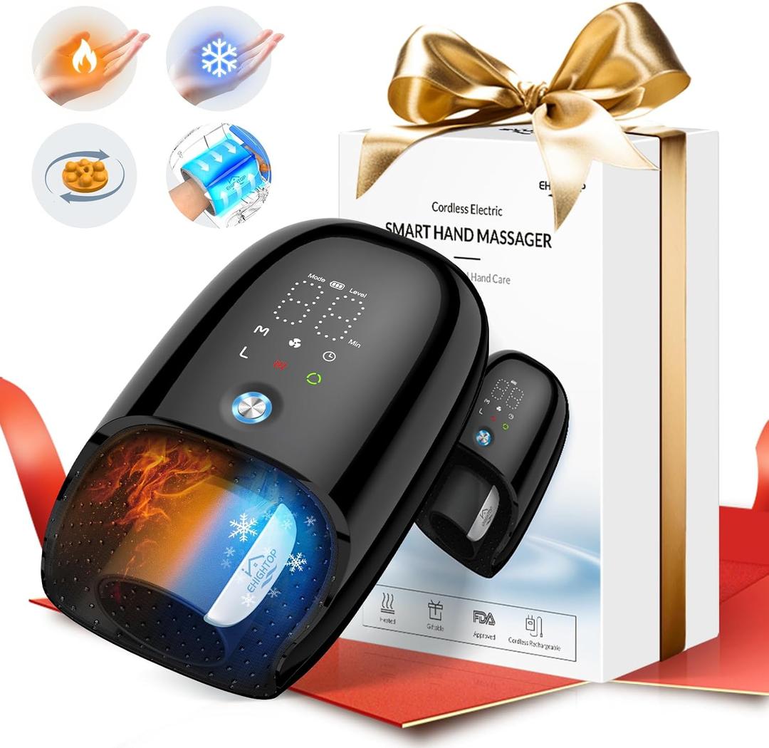 Hand Massager with Kneading Rollers,6 Modes and 2 Heating Options for Hot and Cold Therapy Hand and Wrist Massager for Arthritis Carpal Tunnel Relief (Black)