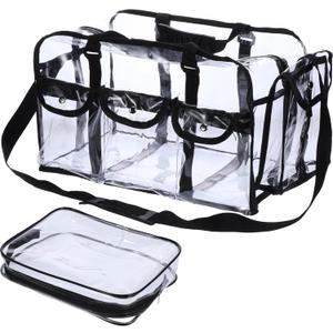 Abbylike 1 Pcs Large Professional Clear PVC Travel Makeup Bag with 4 External Pockets and Shoulder Strap Zippered Toiletry Bags for Women(Black)