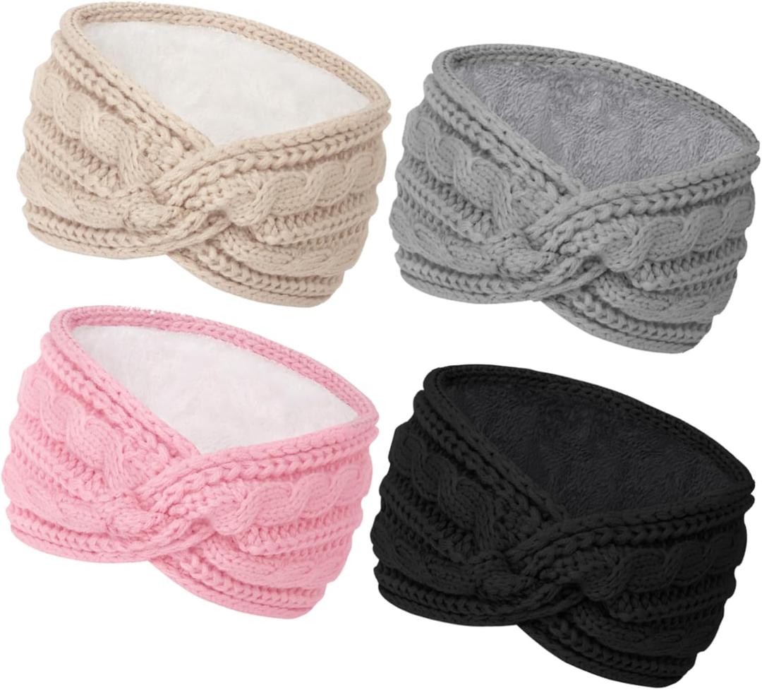 Chalier Warm Winter Headbands for Women Cable Crochet Turban Ear Warmer Headband with Plush (Beige/Light Grey/Pink/Black)