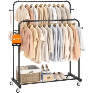 Laiensia Double Rods Garment Rack with Wheels, Clothing Rack for Hanging Clothes,4 Hooks, Multi-functional Bedroom Clothes Rack, Black