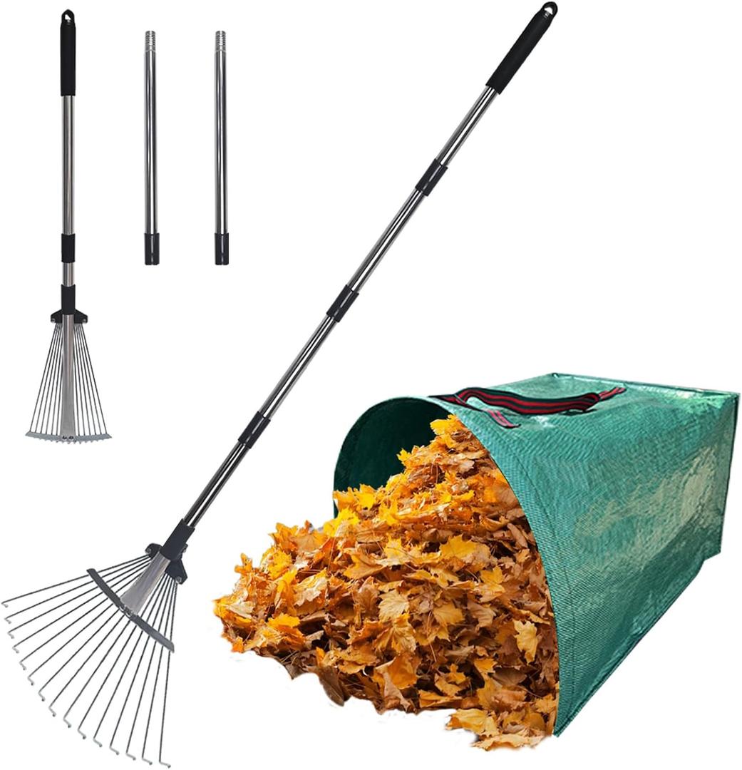 Garden Rake for Leaves with 53 Gallon Leaf Bag, Heavy Duty Metal Leaf Rake for Lawns with Adjustable Length & Expandable Head, Ideal for Landscaping in Lawn, Yard and Shrub