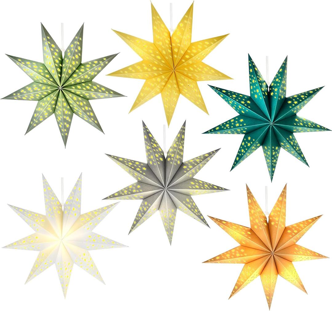 6 Pack 12 Inch 18 Inch 9 Pointed 3D Paper Star Hollow Light up Hanging Paper Star Lanterns for Christmas Wedding Birthday Party, 6 Colors (9 Pointed12 Inch)