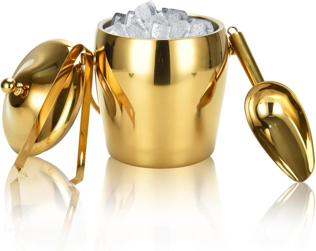 Ice Bucket Champagne Bucket with Tongs Scoop Lid, Double Wall Wine Bar Freezer Ice Bucket with Stand & Carrying Handle, Stainless Steel Mirror Bucket Champagne Bucket for Parties Bar Home,2L (Gold)