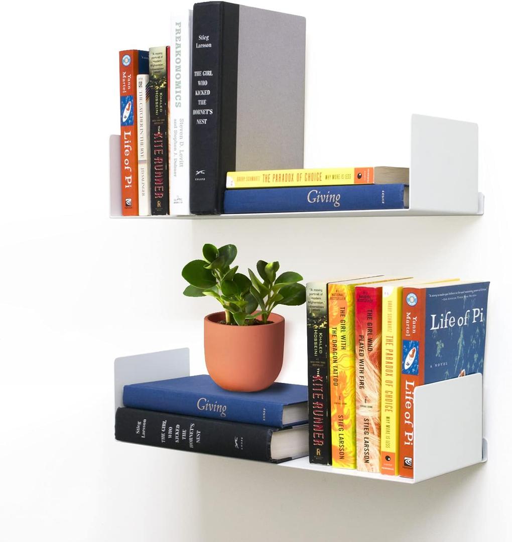 Floating Bookends Wall Mounted Metal Display Shelf (Set of 2) White