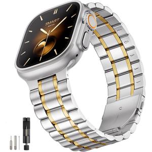 Bestig Compatible with Apple Watch Bands for Men Women 49mm 46mm 45mm 44mm 42mm(Series 3 2 1), Stainless Steel Metal Business Wristband Strap for iWatch Ultra Series 11 10 9 8 7 6 SE 5 4, Silver/Gold