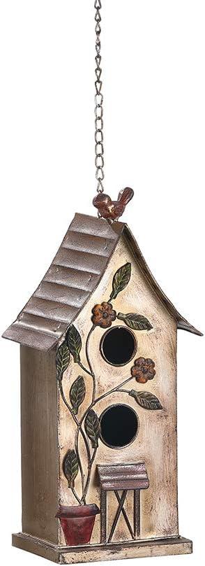 Jemeni 15" H Distressed Metal Birdhouses for Outdoors Hanging, Bird House Decorative for Outside Garden Yard, Double Hole with Floral Accents