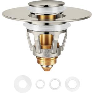 Universal Bathroom Sink Stopper in Brass, 1.04-1.97 Inch Pop Up Basin Sink Drain Stopper, Sink Drain Strainer with Anti Clogging Filter Hair Catcher, Brushed Nickel