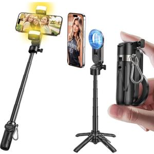MAGIC JOHN Phone Tripod with 2 Selfie Light, Portable Pocket Size Selfie Stick for iPhone Magsafe, Selfie Stick with Detachable Remote Control for Photograph, Live Streaming, Video Recording