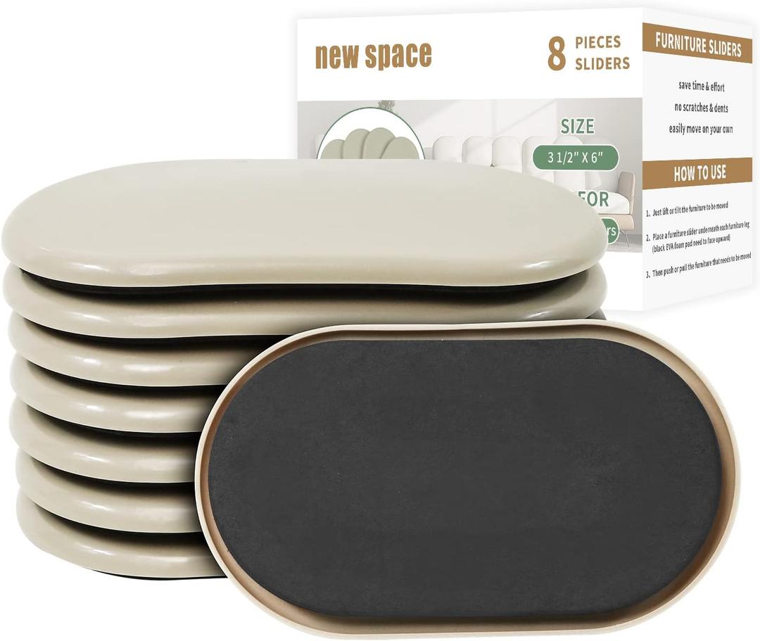 new space Oval Furniture Sliders, 8pcs 3 1/2" x 6" - Reusable Sliders for Carpet, Heavy-Duty Movers - Easily Move & Protect Furniture & Carpet (Beige)