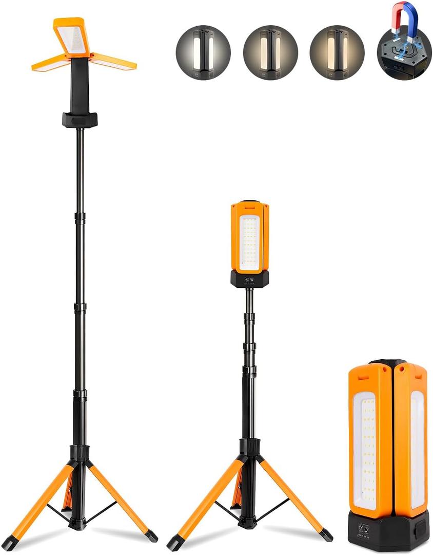 12000mAh Rechargeable LED Work Light with 74.8" Tall Stand, 2000/2500/3000 Lumens, Portable Cordless Work Light, 3000K/4500K/6000K Dimmable Camping Light with Detachable Tripod, Bag Included, Orange