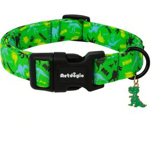 Medium Dog Collars for Male Dogs, Boy Dog Collars with Dinosaur Pattern Adjustable Cotton Green Collar for Puppy Dog Ideal, Daily Photos & Pet Fashion Accessory (Jungle Spine)