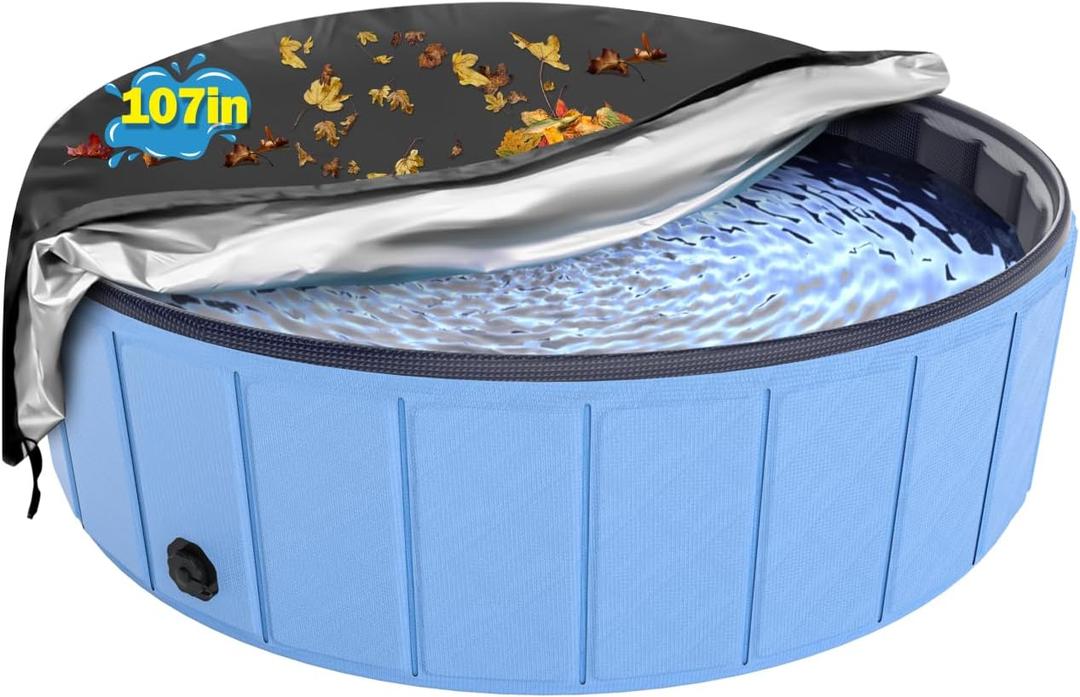 Extra Large Foldable Dog Pool Cover, Hyperzoo 107 Inch Waterproof Round Pet Pool Cover with Drawstring to Keep Leaves Out, Tear-Resistant Collapsible Dog Swimming Pool & Kiddie Pool Cover for Outdoor