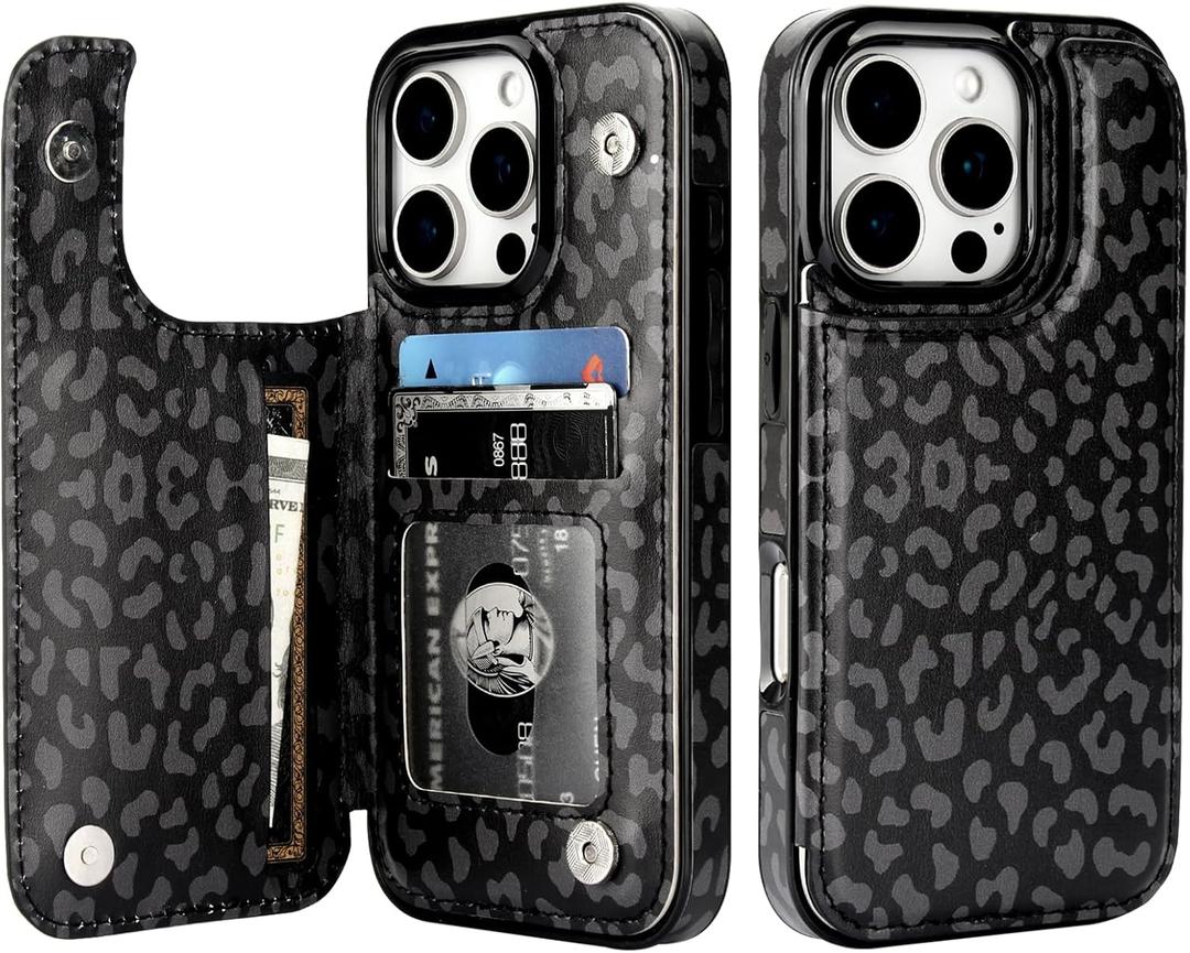HAOPINSH for iPhone 16 Pro Wallet Case with Card Holder, Black Leopard Cheetah Pattern Back Flip Folio PU Leather Kickstand Card Slots Case for Women Girls, Double Magnetic Clasp Shockproof 6.3"