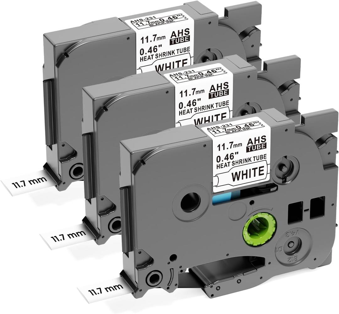 Label KINGDOM HSe-231 Heat Shrink Tube Label Replacement for Brother P-Touch Heat Shrink Wire Label Tape HSe231 11.7mm Black on White Compatible with P Touch PT-D210 PT-D400 PT-E300 PT-E500, 3-Pack (12mm (0.46"))