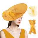 dressfan Wide Brim Fascinator Derby Hats for Women,20s Linen Detachable Flowers Big Fascinator Hat with Headband for Derby Church Wedding Tea Party,X38-Yellow (Yellow)