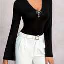 Women's Sparkly Rhinestone V Neck T Shirt Bell Long Sleeve Fitted Going Out Tops (Black, L)