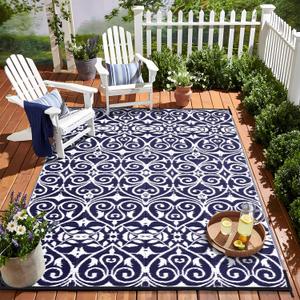 OLANLY Outdoor Rug Waterproof 9x12 ft Clearance, Reversible Outdoor Plastic Straw Rug with Floral Pattern, RV Mat for Patio, Camping, Balcony, Deck, Backyard, Navy & White