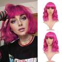 FAELBATY Short Curly Wavy Hot Pink Wigs with Air Bangs Shoulder Length Wig for Women Synthetic Halloween Cosplay Costume for Girl (12" Hot Pink)