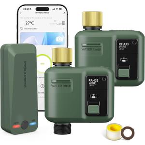 WiFi Water Timer for Garden Hose, 2 Pc Smart Sprinkler Controller with 984ft RF Range, Smart Lawn Watering System Irrigation Timer, APP/Voice Control, Rain Delay, Manual Irrigation (Brass Inlet)