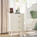 LITTLE TREE No Assembly Nightstand with 3 Drawers, Farmhouse Off-White Bedside Table for Bedroom, All Wooden Oval Nightstand with Storage, 19.68 Inches X 15.74 Inches X 25.59 Inches