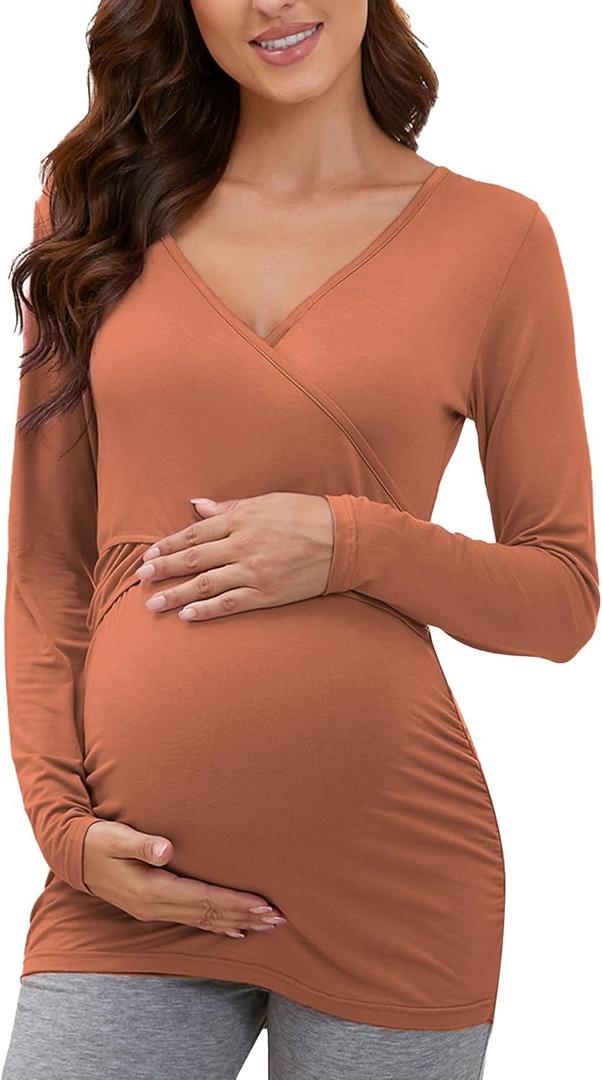 Glampunch Women's Maternity Nursing Tops Long Sleeve Breastfeeding Top Tee Shirt Double Layer Pregnancy Shirt (M)