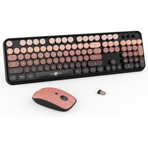 FOPETT Wireless Keyboard and Mouse Combo - 2.4G Full-Sized Cute Colorful Mouse and Keyboard with 104 Round Keys Retro Typewriter Keyboard for Laptop/Windows/PC - Pink Gradient