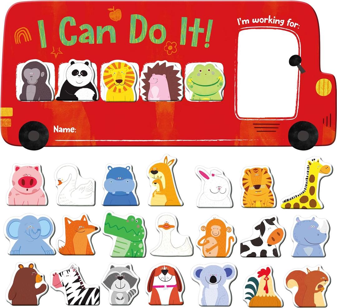I CAN DO IT Token Board,Magnetic Reward Chart with 26 Animal Magnets, Red Bus Reward Chart for Kids, Incentive Positive Chart for Good Behavior and Responsibility, Great for Toddlers, Kids, Students
