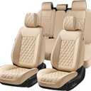 Huidasource Beige Seat Covers, Nappa Leather Car Seat Covers, Velcro Adjustable, Compatible with Airbags, Armrests, Child Seat, Universal Fit for Most Cars, Vans, Trucks, SUVs (Full Set/Beige)