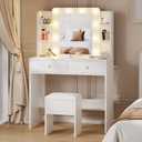 Haewon White Vanity Desk with Mirror and Lights, Makeup Vanity with 10 LED Bulbs and 3 Color Modes, Dressing Table Set with Power Outlets, Storage Drawers and Chair for Bedroom (Small)