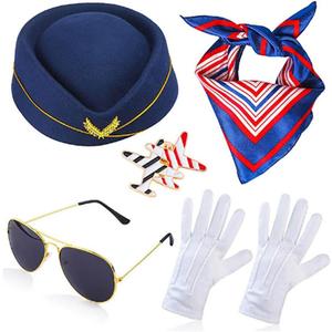 Flight Costume Set Beret Scarf White Gloves Sunglasses Airplane Pin Role Play Party Halloween Cosplay (Dark Blue)