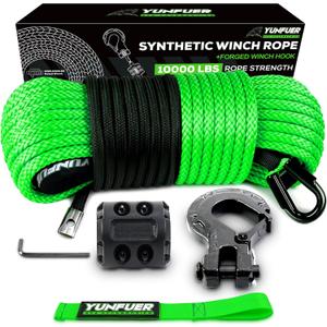 1/4" x 50ft 10000LBS Green Synthetic Winch Rope Kit with Protective Sleeve, Forged Winch Hook, Rubber Stopper and Safety Pull Strap for ATV/UTV