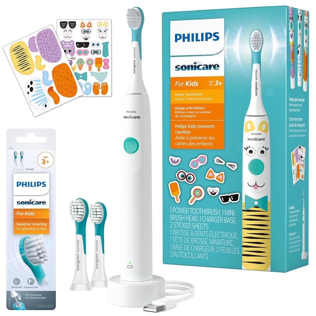 Philips Sonicare for Kids Design a Pet Edition, Corded Electric, Brush Head Bundle, BD1005/AZ & 4100 Power Toothbrush, Rechargeable Electric Toothbrush with Pressure Sensor 