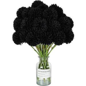 Xunyee 30 Pcs Halloween Artificial Black Flowers with Stems 2.76'' Large Black Faux Flowers Plants Faux Silk Chrysanthemum Ball Hydrangea Arrangements for Wedding Bouquet Floral Centerpiece Decoration