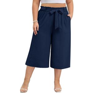 Lastshe Women's Plus Size Capri Pants Wide Leg High Waisted Summer Capris Loose Adjustable Cropped Palazzo Trousers (3X, Navy Blue)