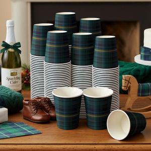100Pcs Tartan Plaids Decoration Baby Shower Disposable Cups Blue Green Baby Shower Party Supplies 9 Oz Paper Cups Vintage Birthday Table Decoration for Guest Wedding Birthday Party Supplies
