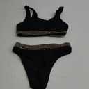 YIMISAN Women's Ribbed Two Piece Bikini Sets Wide Shoulder Strap Top Swimsuit with Mid Waist Cheeky Bathing Suit (Large, Black Gold Band)