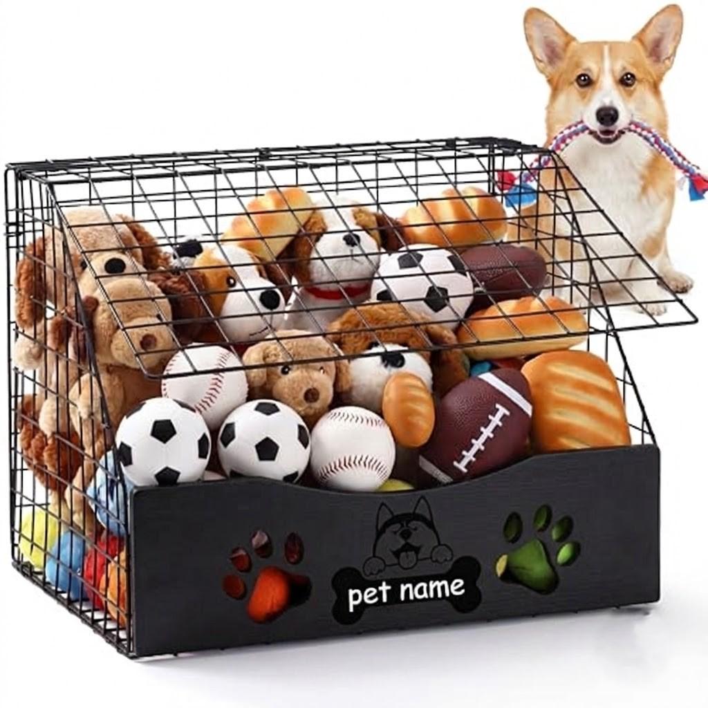 AceOrbit Dog Toy Basket with Cover Small Toy Box for Dogs Pet Toys Bin Dog Metal Basket for Toys Pet Storage Organizer, Cat Playthings Box for Living Room Area Home Decor(Black)