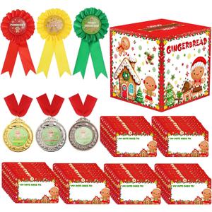 67 Pcs Christmas Gingerbread House Game Kit with Gingerbread House Contest Voting Box 60 Ballot Cards 3 Award Badges 3 Gingerbread Medals for Xmas Party Game Supplies