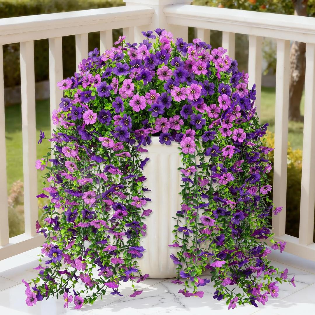 4 Pcs Artificial Hanging Flowers for Outdoors, Mixed Purple | Realistic fake silk flowers, UV resistant, faux plants, for outside home patio garden balcony yard front door porch decor